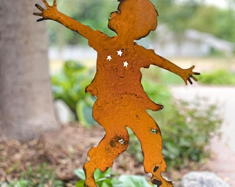 Rustic Metal Garden Stake, Whimsical Outdoor Yard Art Sculpture, Primitive Rust Patina Garden Decor Farmhouse, Little Boy Memorial Gift
