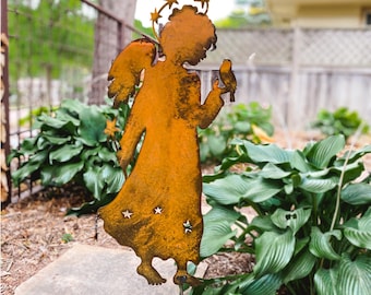 Rusty Metal Angel Garden Sculpture, Large Outdoor Memorial Yard Art Stake, Patina Angel Grave Decoration, Religious Metal Garden Gift Idea