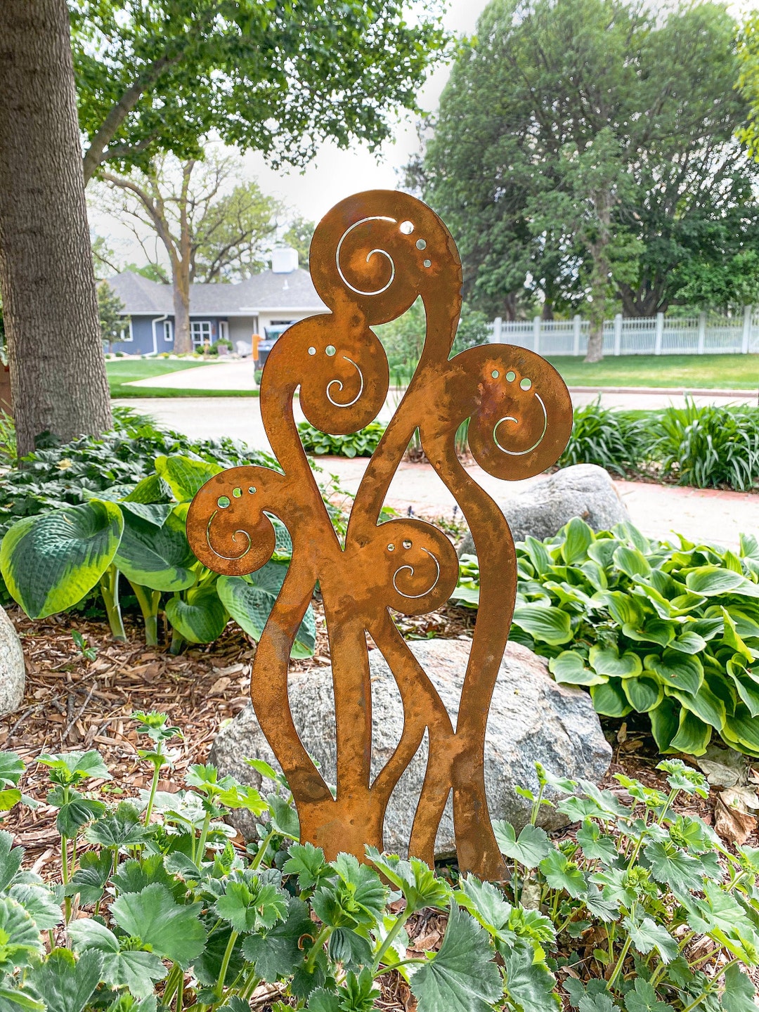 Abstract Metal Yard Decor Garden Stakes, Organic Fiddlehead Fern Metal