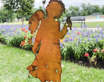 Rusty Metal Angel Garden Sculpture, Large Outdoor Memorial Yard Art Stake, Patina Angel Grave Decoration, Religious Metal Garden Gift Idea