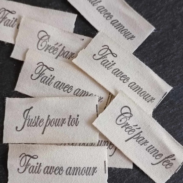 Etiquettes à coudre  20x40mm- lot de 12 avec 3 textes différents