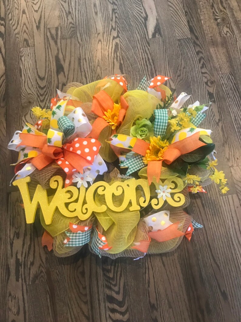WELCOME WREATHSummer WreathSpring Wreath Burlap Welcome Wreath Door Decor Year Round Wreath Welcome Floral Wreath Burlap Wreath