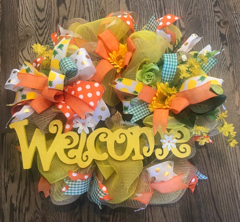 WELCOME WREATHSummer WreathSpring Wreath Burlap Welcome Wreath Door Decor Year Round Wreath Welcome Floral Wreath Burlap Wreath