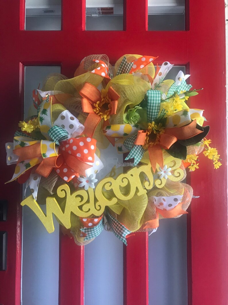 WELCOME WREATHSummer WreathSpring Wreath Burlap Welcome Wreath Door Decor Year Round Wreath Welcome Floral Wreath Burlap Wreath