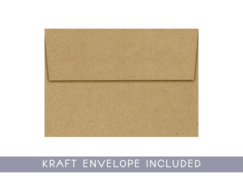 May include: A kraft paper envelope with a rectangular shape and a flap closure. The envelope is a light brown color and is set against a white background. The text "KRAFT ENVELOPE INCLUDED" is displayed at the bottom.