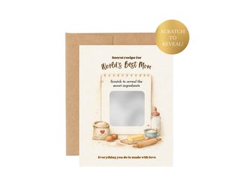 Biglietto di auguri per la Festa della Mamma da grattare / Biglietto con ricetta segreta per la mamma / Regalo unico per la mamma / Simpatico biglietto a tema dolci / Sorpresa interattiva per la Festa della Mamma