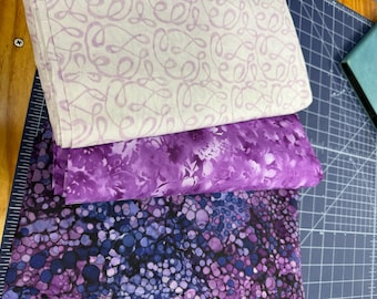 9 yard batik queen size quilt using Fabric Cafe booklets in dark  purples, lavender and creams