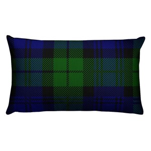 May include: A blue, green, and black plaid throw pillow. The pillow is rectangular and has a soft, plush texture.