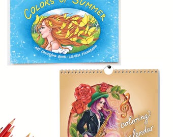 夏の塗り絵と塗り絵カレンダーセット：手描きのイラスト