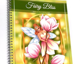 フェアリーブリス – 妖精とエルフの大人向け塗り絵 | セミグレースケールアーティストプリント版 | 手描き