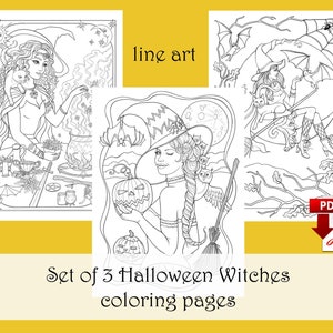 Set di 3 pagine da colorare di Halloween LINE ART, Strega da colorare - Scarica e stampa PDF