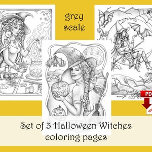 Set di 3 pagine da colorare di Halloween SCALA DI GRIGIO, Autunno Strega Autunno - Scarica e stampa PDF