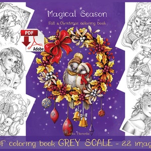 Printable Christmas Greyscale Coloring Book, Magical Season PDF download
