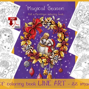 Printable Christmas Line art Coloring Book, Magical Season PDF download
