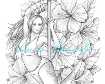 Coloring page for adults, Pole dancer - greyscale, Coloring for adults - PDF download and print