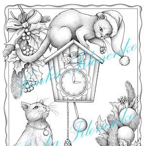 Christmas coloring page - Cats coloring, Grey scale - PDF download printable