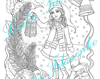 Coloring page for adults, Christmas Girl with Lamp, Line Art - PDF download and print