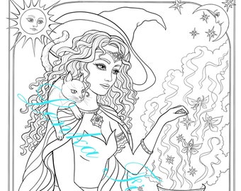 Witch Coloring page, Line art - PDF download and print