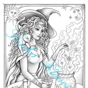 Coloring page for adults, Art Coloring page, Witch Greyscale - PDF download and print