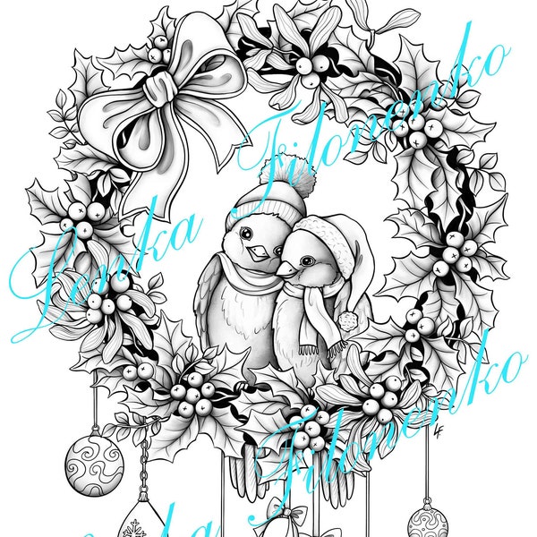 Coloring page for adults, Christmas Holly birds, Grey Scale - PDF download and print