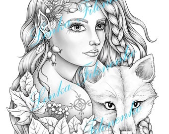 Coloring page for adults, Elf with a Fox - Grey Scale, PDF download and print