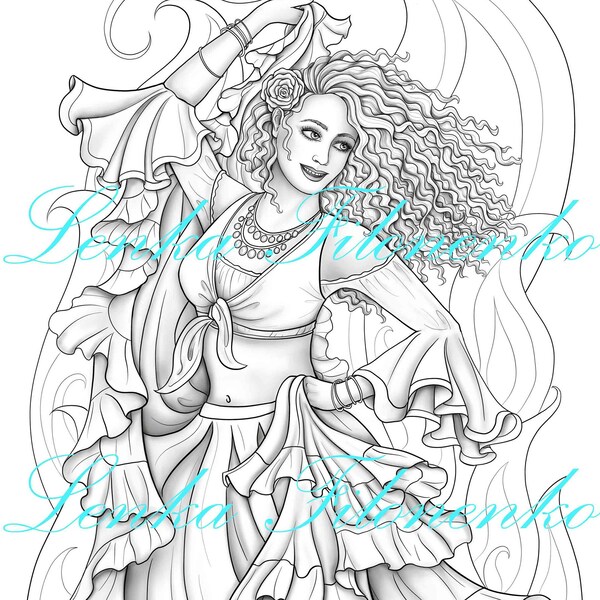 Coloring page for adults, Gypsy dancer - greyscale, PDF download and print