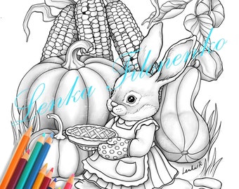 大人向けの感謝祭のウサギのぬり絵（グレースケール）、PDFダウンロードと印刷