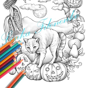 Halloween Cat Coloring page for adults GREY SCALE, PDF download and print