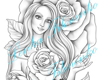 Coloring page for adults, Rose Girl - Grey Scale, PDF download and print