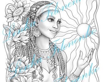 Coloring page for adults, Sun Magician - Grey Scale, PDF download and print