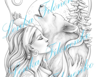 Página para colorear para adultos, Mujer con lobo - Escala de grises, PDF para descargar e imprimir