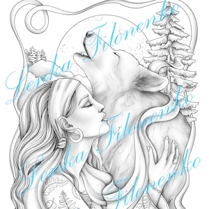 May include: A black and white line art illustration of a woman with long hair and a wolf. The woman is wearing a headband and has a floral pattern on her arm. The wolf is howling at the moon. The image is set against a background of trees and a full moon.