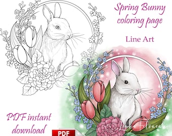 May include: A black and white line art coloring page featuring a bunny rabbit surrounded by flowers. The bunny is sitting upright with its ears perked up. The flowers include tulips and forget-me-nots. The text "Spring Bunny coloring page" and "Line Art" is included in the image.