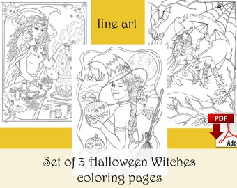 ハロウィーンぬり絵3ページセット 線画、魔女ぬり絵 - PDFダウンロードと印刷