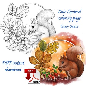 Coloring page Grey scale, Cute Squirrel Autumn Fall - PDF download and print