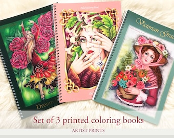 Set of 3 Coloring Books: Dream Dancers. Victorian Grace, Enigma, Artist prints in one package.