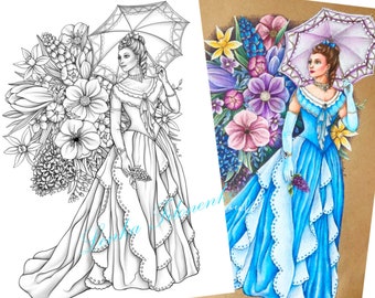 Coloring page for adults, Victorian lady Grey scale, Lady with Parasol, Coloring for adults - PDF download and print