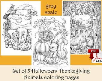 ハロウィン/感謝祭の動物ぬり絵3枚セット グレースケール - PDFダウンロードと印刷