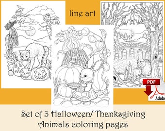 ハロウィン/感謝祭の動物ぬり絵3枚セット 線画 - PDFダウンロードと印刷