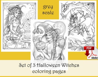 ハロウィン魔女のぬり絵：グレースケールアート3枚セット（PDFダウンロード）