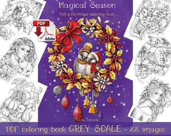 印刷可能なクリスマスグレースケール塗り絵、マジカルシーズン PDF ダウンロード