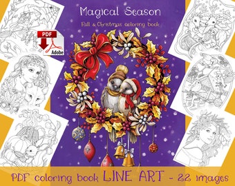 印刷可能なクリスマス ライン アート塗り絵、マジカル シーズン PDF ダウンロード