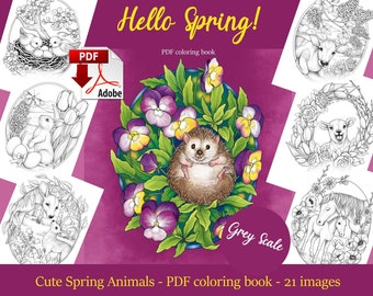 Printable Spring Greyscale Coloring Book, Hello Spring! PDF download