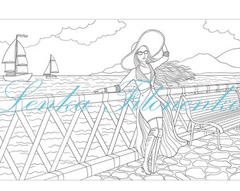 Coloring page for adults, Arts Coloring page, Lady at the seaside, PDF download and print