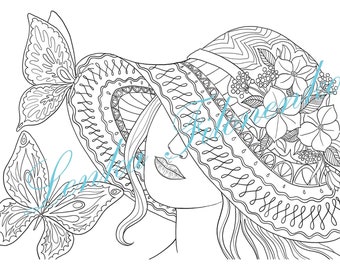 Coloring page for adults, Arts Coloring page, Butterfly girl, PDF download and print