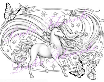 Coloring page for adults, Unicorn,Grey scale - PDF download and print