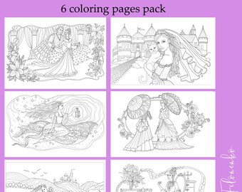 Set of 6 Coloring pages, Princess Line art, PDF download and print