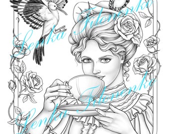 Lady and Castle Coloring page for adults Victorian lady Grey scale Coloring for adults PDF download and print