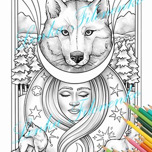 May include: A black and white line art illustration of a wolf's head with a crescent moon and stars. A woman's face with closed eyes is inside the moon. A smaller wolf is in the bottom left corner of the image.
