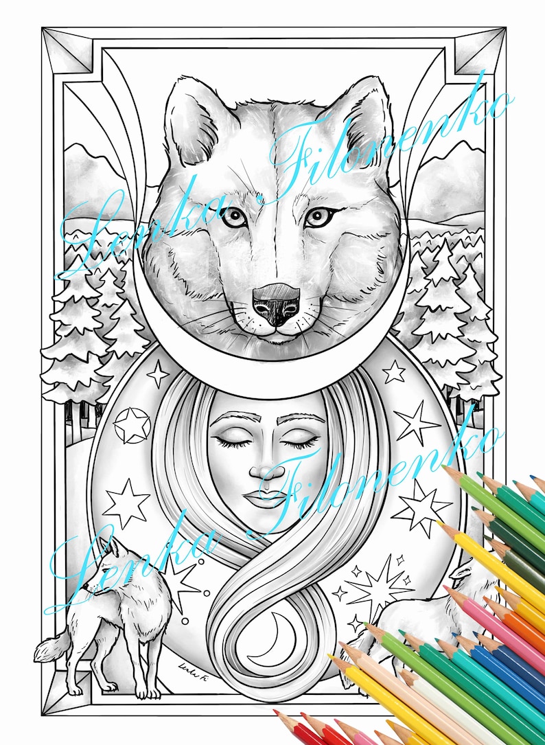 May include: A black and white line art illustration of a wolf's head with a crescent moon and stars. A woman's face with closed eyes is inside the moon. A smaller wolf is in the bottom left corner of the image.